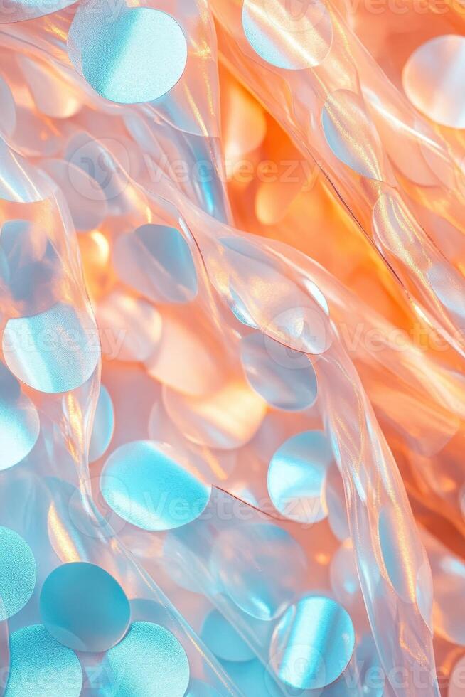Shiny Fabric with Circular Patterns. Futuristic Aesthetic with Soft, Warm Light. Fashion Material Texture. photo