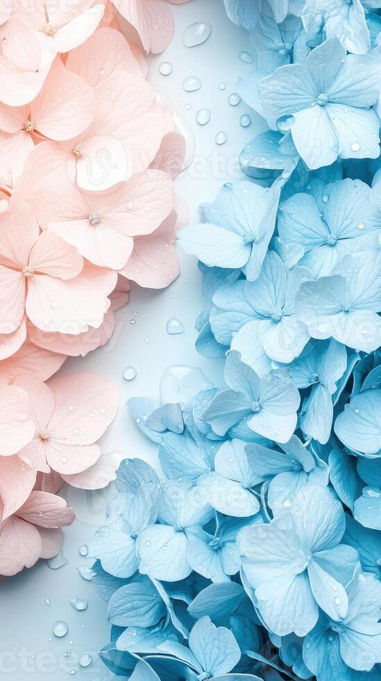 Pink Hydrangea Flowers and Blue Hydrangea Flowers with Water Droplets on Light Background for Gardening photo