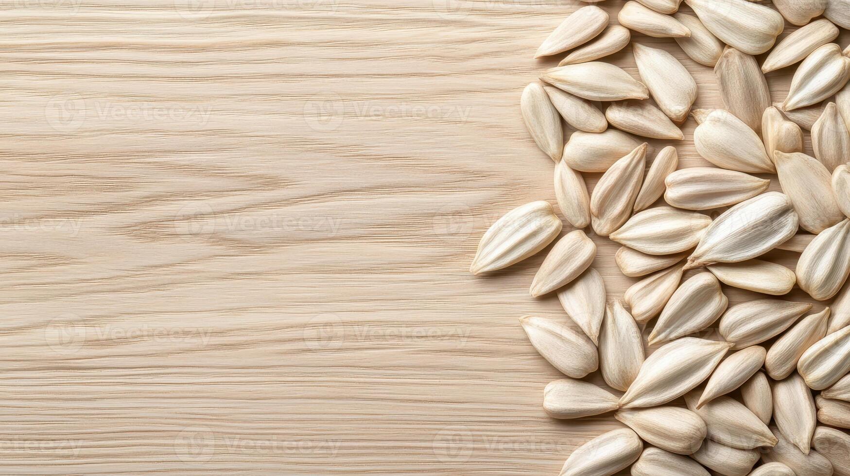 Sunflower Seeds Pile on Wooden Surface. White Seed Shells Grouped for Planting in Gardening. Natural Farming Product Concept on Table. photo