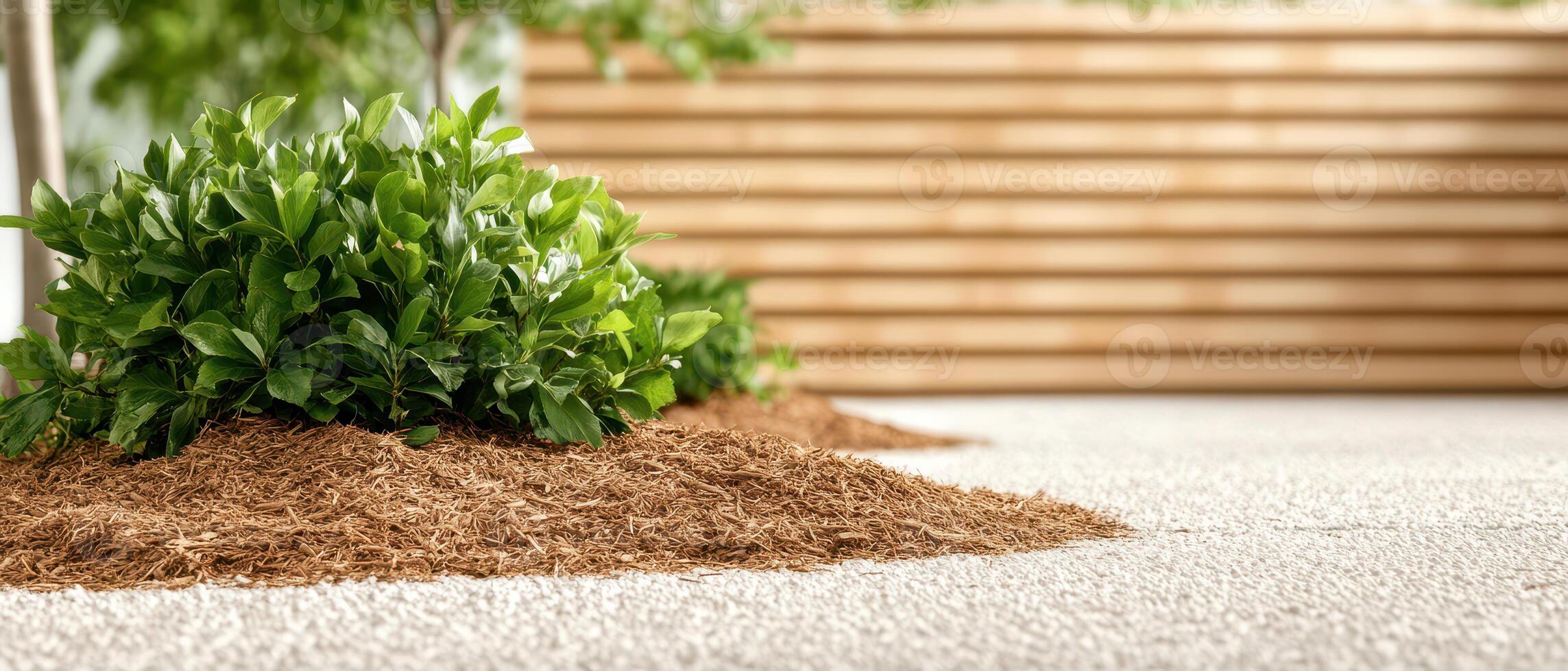 Green bush growing on wood chips. Wooden fence background. Ground level perspective. Peaceful scene. Concept gardening. photo