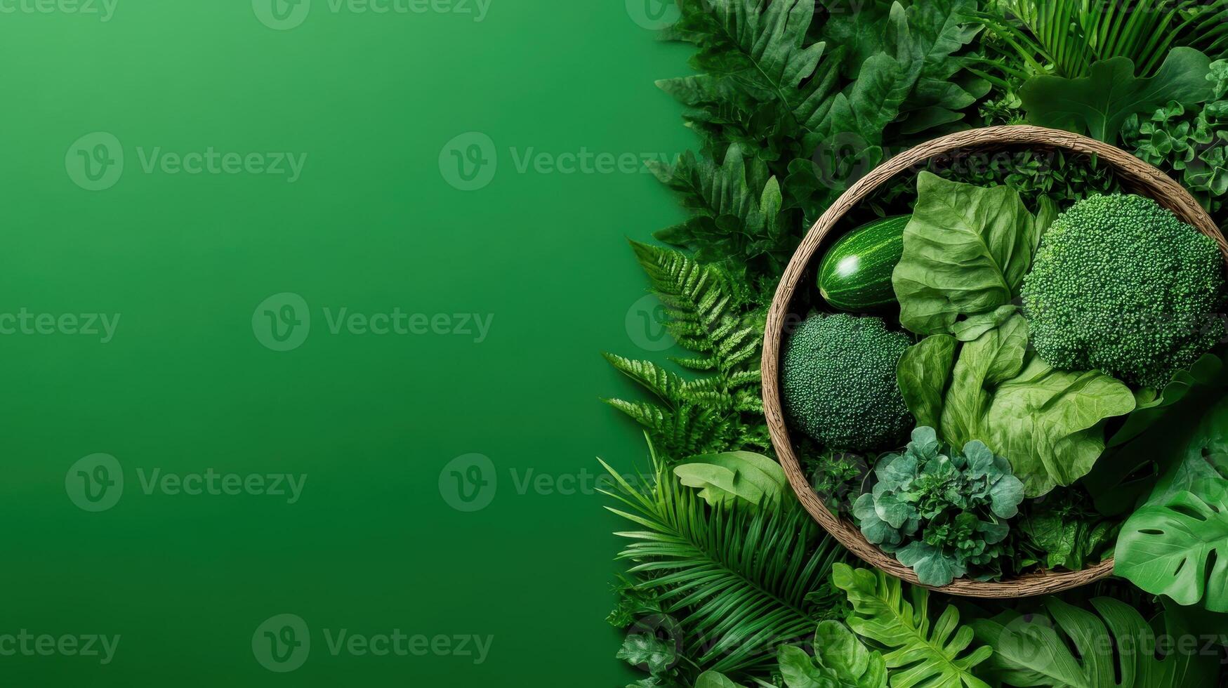 Green Vegetables and Lush Foliage in Round Woven Basket Against Solid Green Backdrop, Healthy Gardening Elements Concept, Abundant Tropical Garden Plants photo