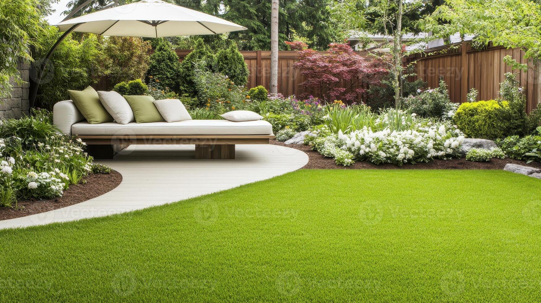 Lush green lawn and beautiful gardening. Patio area with sunshade umbrella. Comfortable sofa, pillows and a variety of garden plants and trees with privacy fence. photo