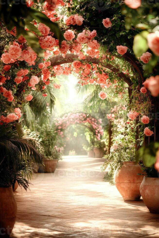Rose Flowers cover Garden Arches in a Lush Green Outdoor Space. Pots containing Plants line the Pathway, in the Warm Sunlight. photo
