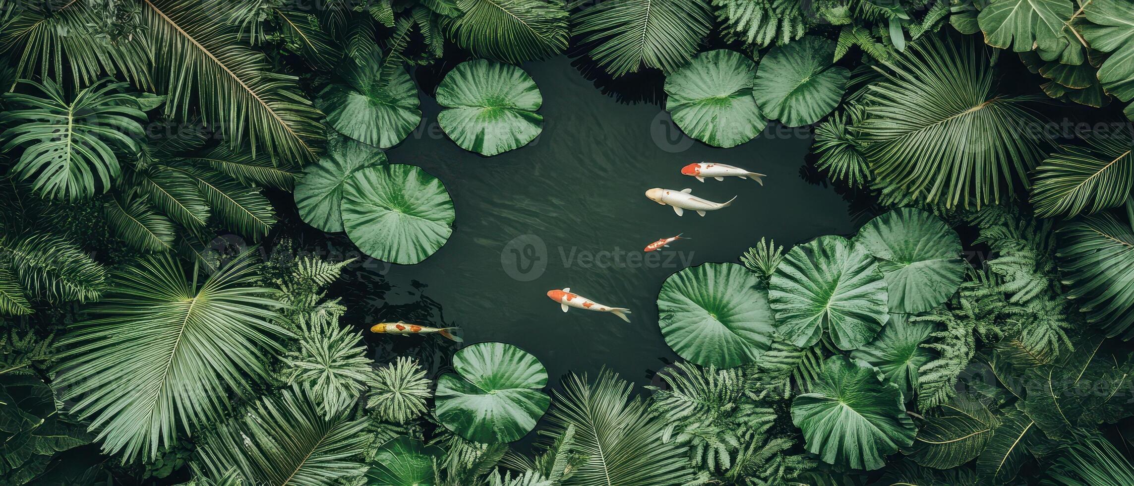 Koi fish swim in pond surrounded by lush green foliage and large lily pads. Calm water reflects the surrounding nature. Peaceful garden scene for gardening. photo