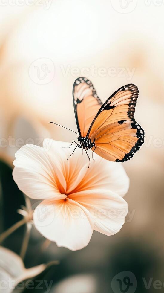 Orange butterfly rests gently on a light flower, a bright subject for gardening on a soft light background in a nature scene. photo