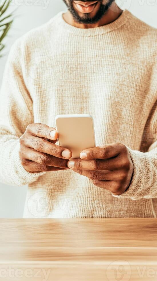 Person using mobile. Beige sweater and wooden table. Focus on hands holding device. Cybersecurity awareness photo