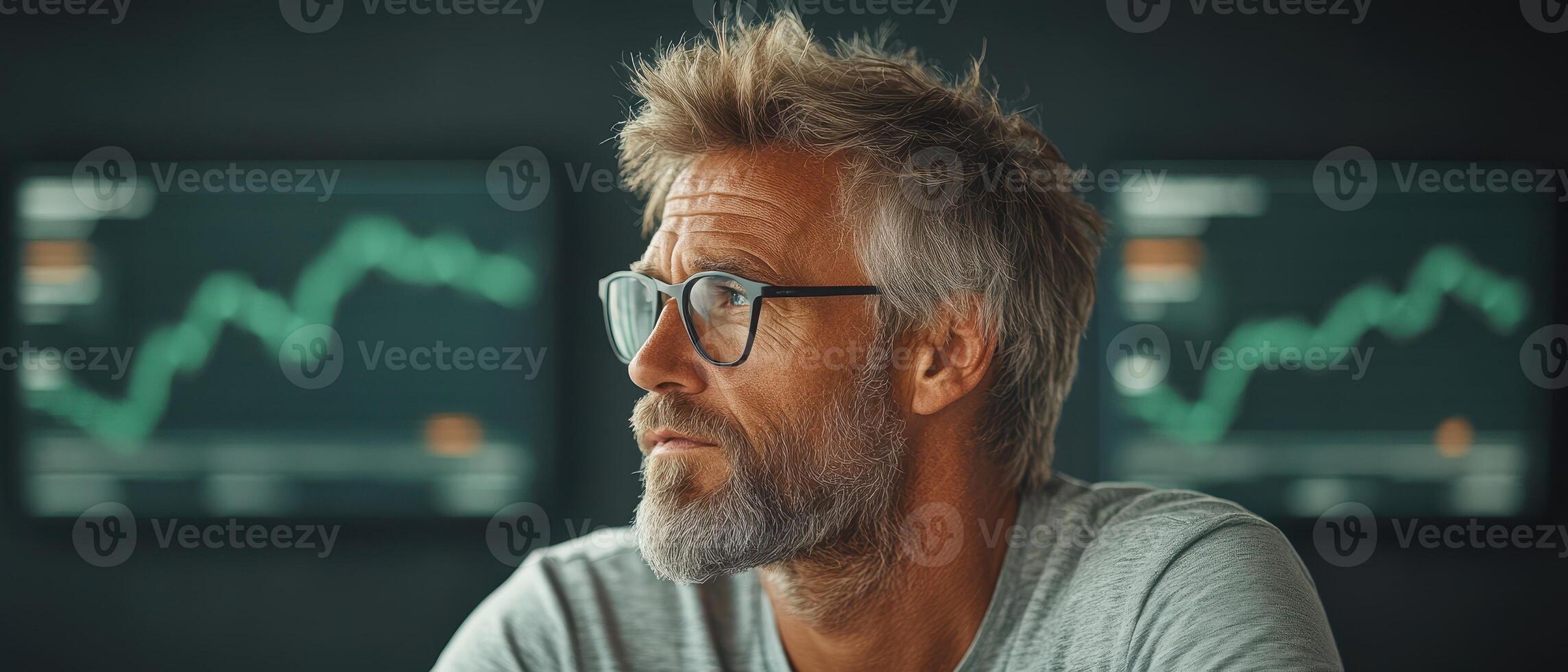 Pensive individual examines graphs. Monitors display charts. Awareness concept. Digital cybersecurity protection theme backdrop. photo