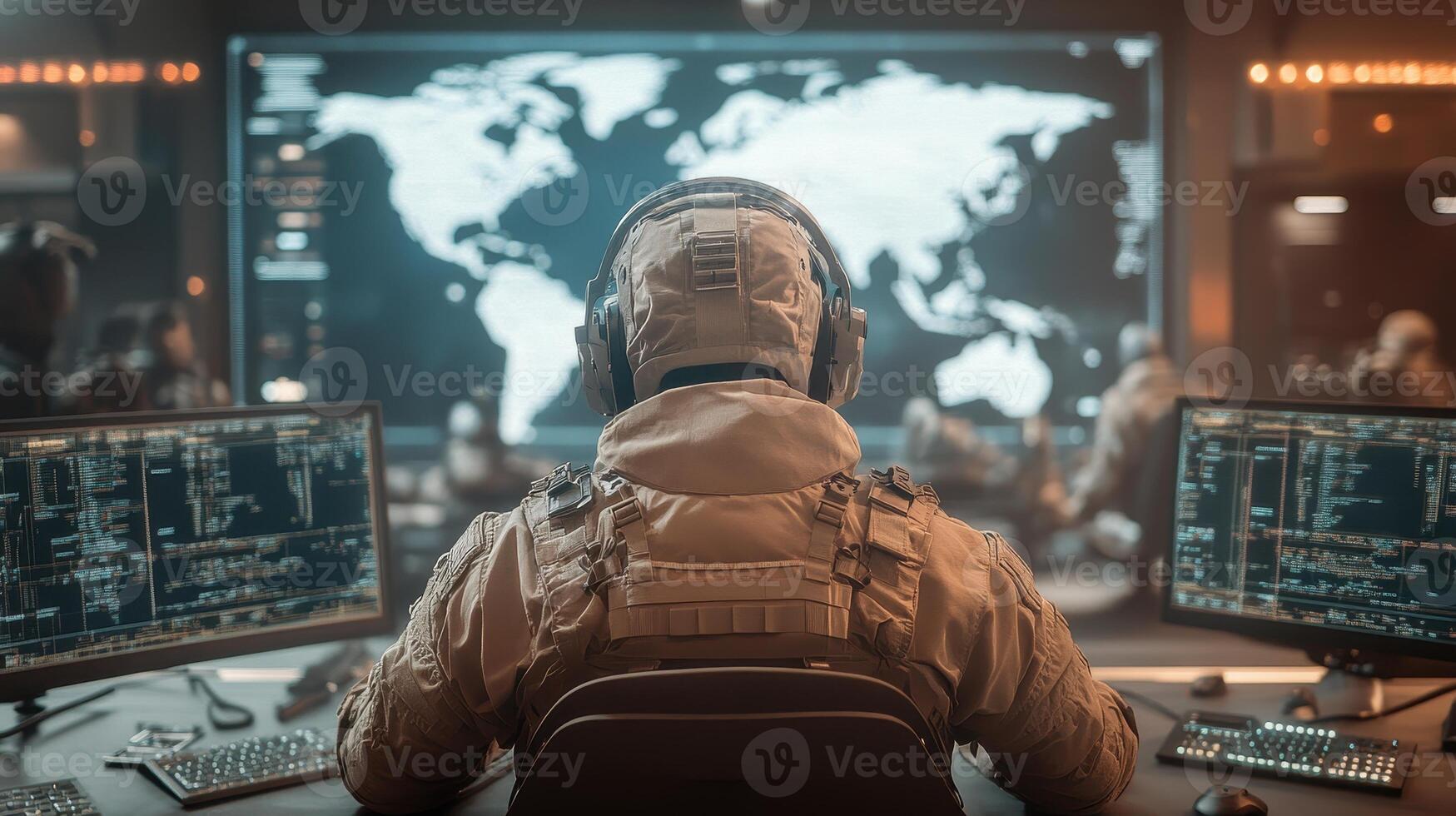 Person watches screen with world map. Data security shown on monitors. Room dark. Awareness Cybersecurity concept. photo