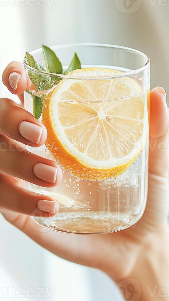 Hand Holds Clear Glass With Lemon Slice and Mint Leaves Inside Clear Bubbling Liquid For Health And Fitness Lifestyle photo