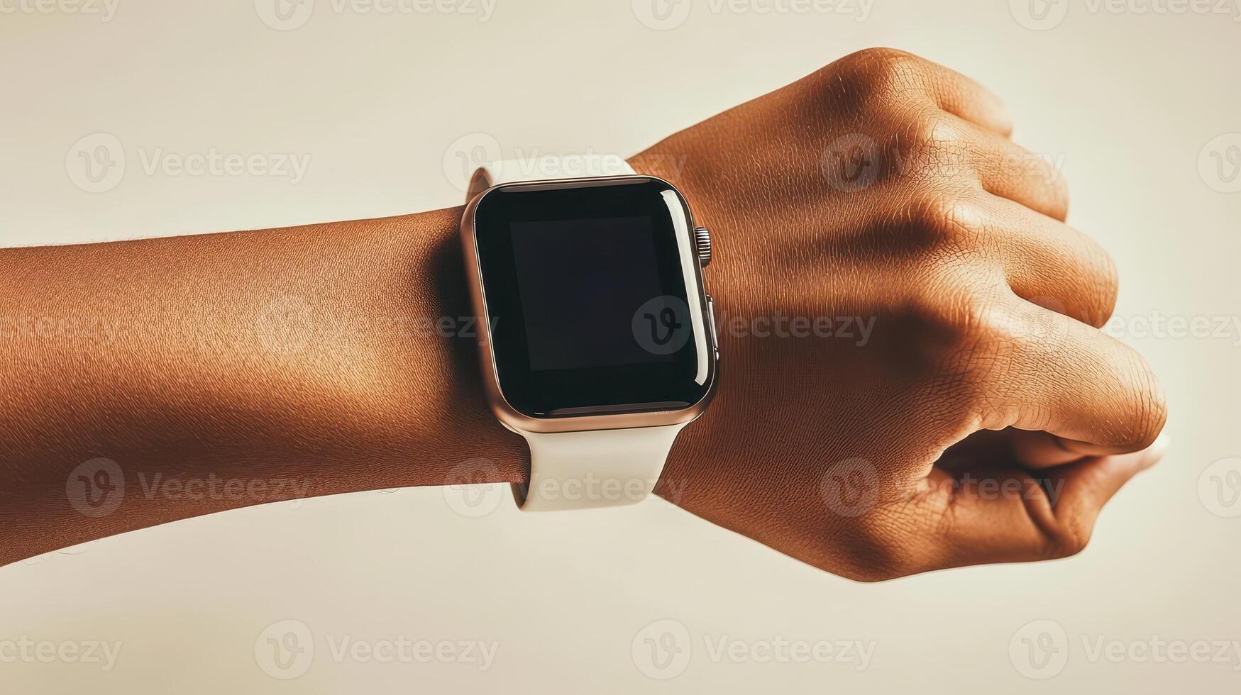 Dark Skin Person Wears Square Smartwatch Health Tracking Device Fitness Application on Wrist Against Neutral Background photo