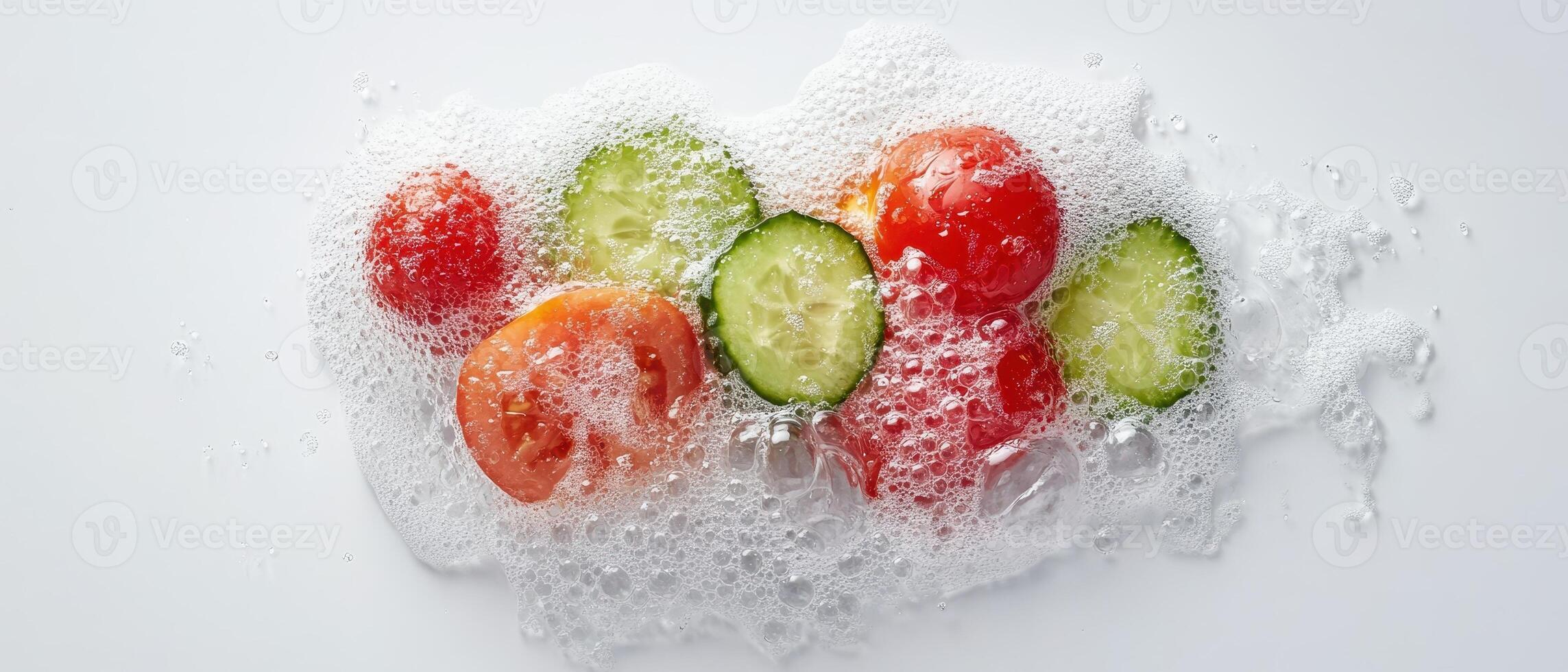 Sliced tomatoes and cucumbers in bubbles. Fresh raw vegetables being washed. Healthy food ingredients. Fitness concept. Clean eating preparation for diet. photo