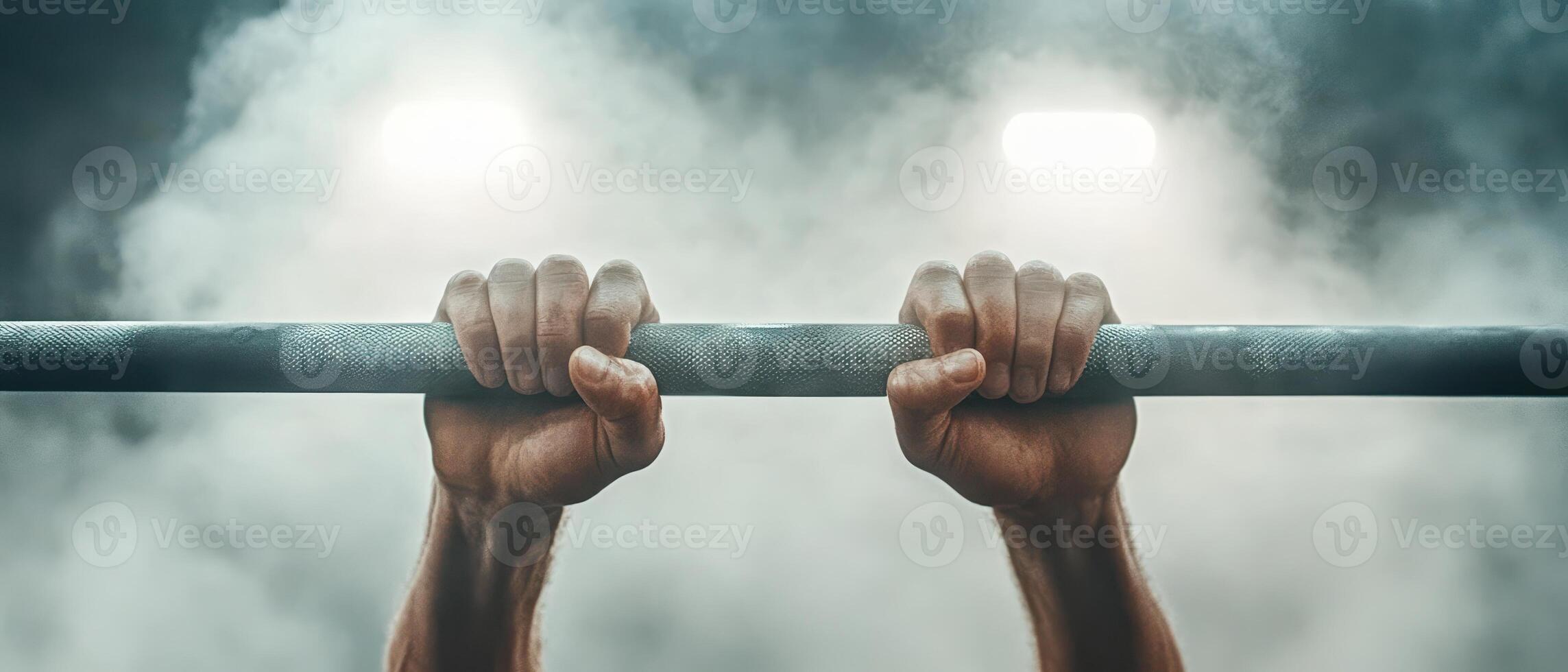Strong hands holding metal bar during workout. Fitness concept in gym with smoke background. Sport and health activity. Arms training, exercise for body strength. photo