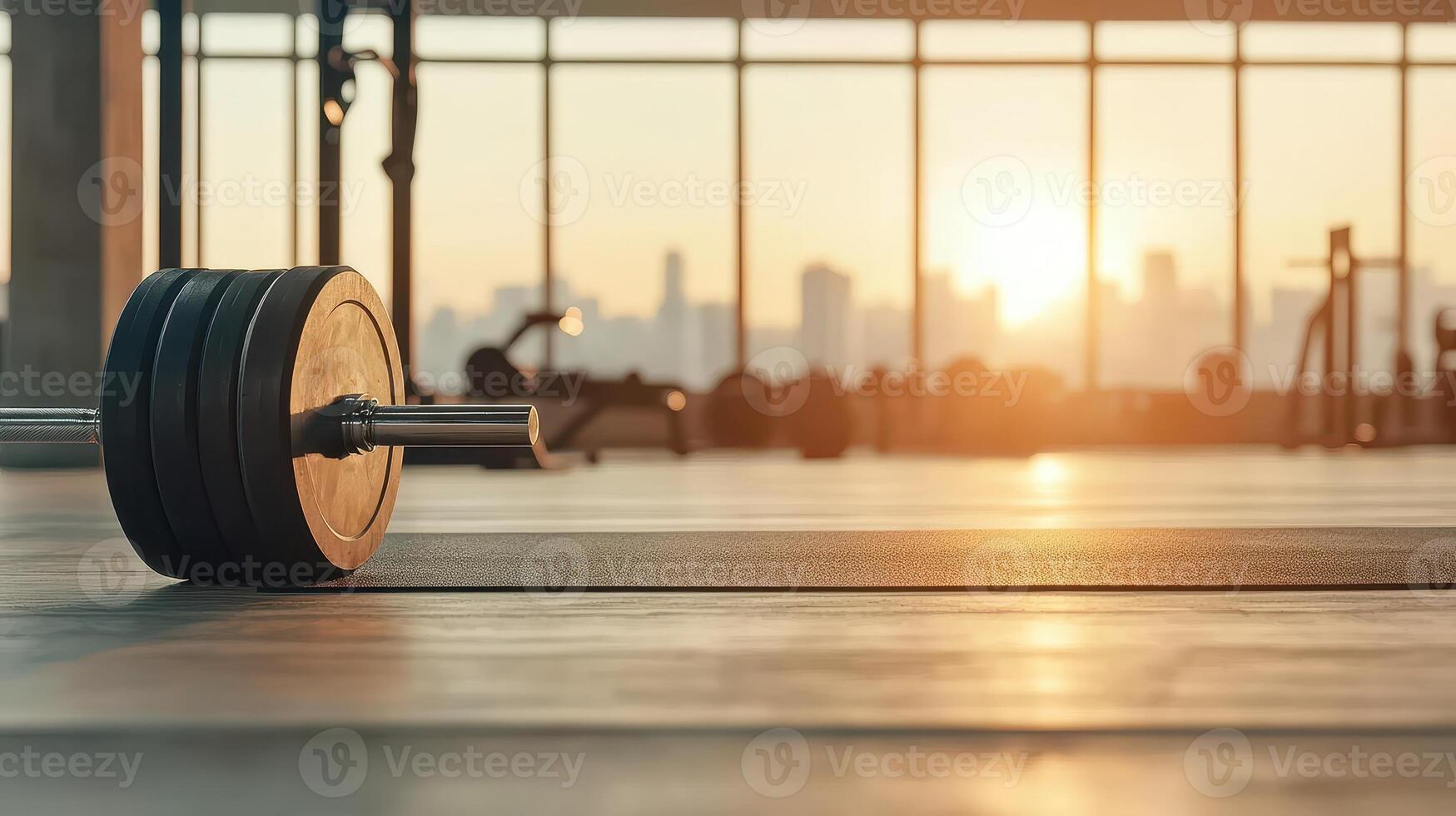 Barbell weights sit floor Inside modern fitness center during bright sunset. Promoting Health Fitness. Gym background with cityscape. photo