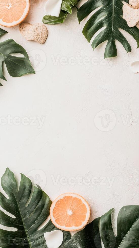 Fresh Grapefruit Slices and Green Monstera Leaves Arranged on a Bright Surface, Wellness and Wellbeing, Natural Healthy Diet, Space for Text photo