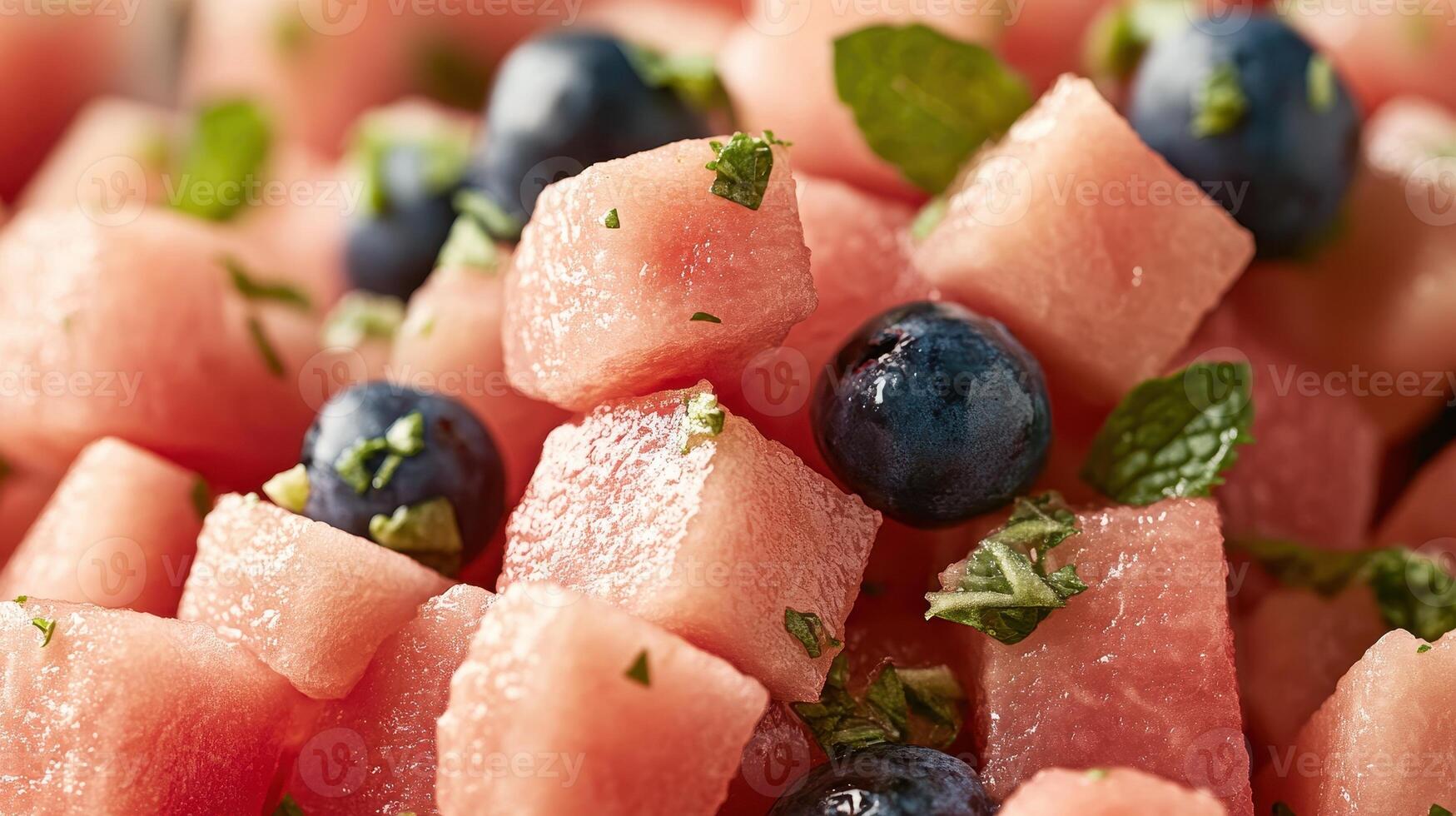 Close view of Watermelon cubes with Blueberries and Mint. Focus on Fresh Fruits for Health and Fitness concept. Balanced diet. photo