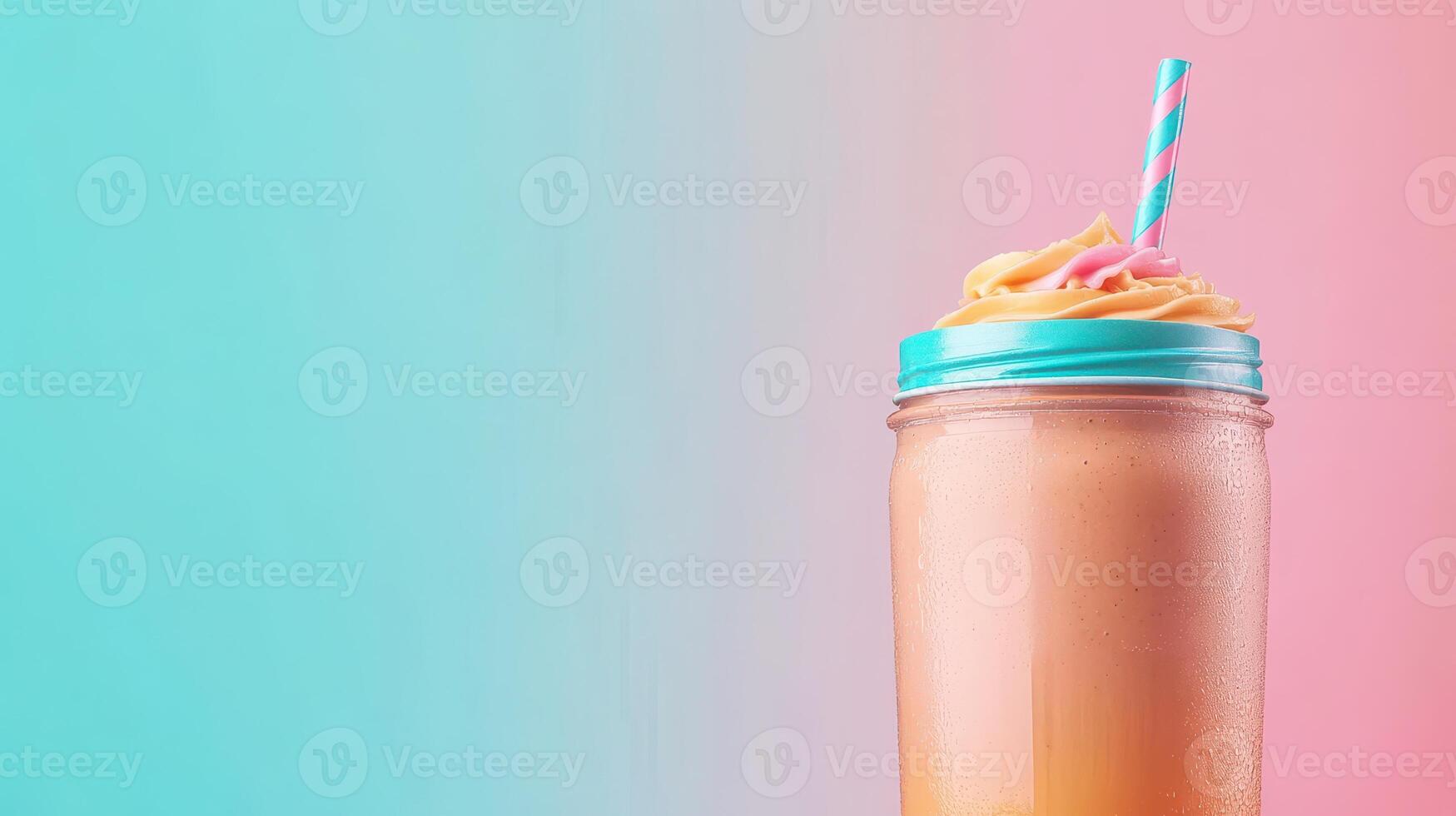 Peach drink with topping in mason jar, turquoise lid and straw on pink teal gradient background. Health and Fitness concept. photo