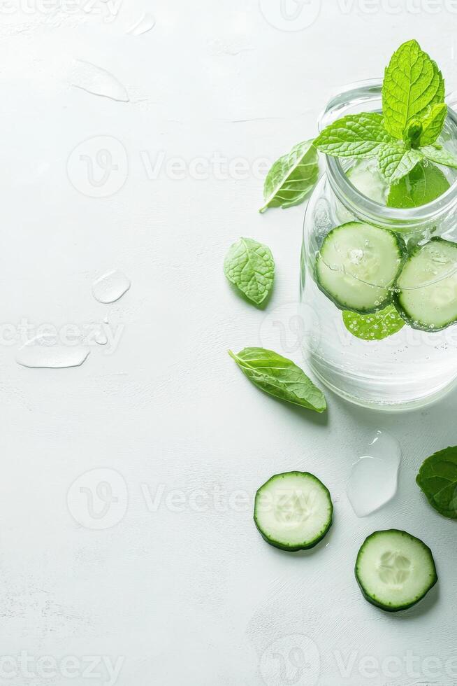 Refreshing Drink with Cucumber and Mint Leaves in Glass. Cold Beverage for Health and Fitness on White Surface. Water Drops Around Glass. photo