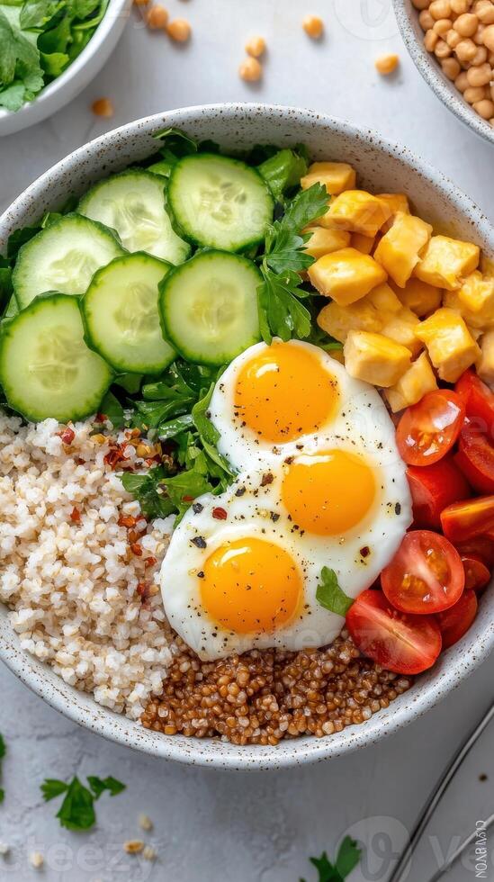 Wellness Bowl Displaying Fresh Cucumbers Yellow Cubes Two Sunny Eggs Juicy Red Tomatoes Parsley Grains on White Marble Surface Showcasing Health Fitness photo