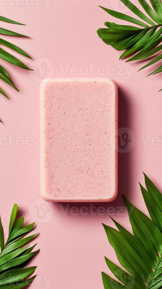 Pink soap bar lies flat on a pink surface. Green palm leaves are around it. The bar is centered and textured. photo