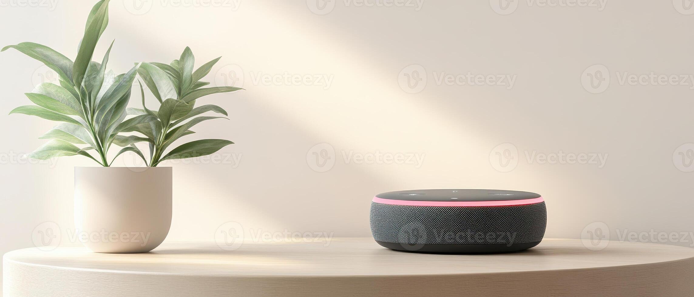Plant sits beside a device. Light casts a shadow on neutral background. Cybersecurity Awareness concepts shown simply. photo