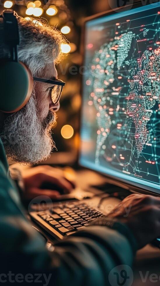Man with Headphones Works on Computer Displaying World Map. Lights glow in Background. Cybersecurity Awareness Displayed. photo