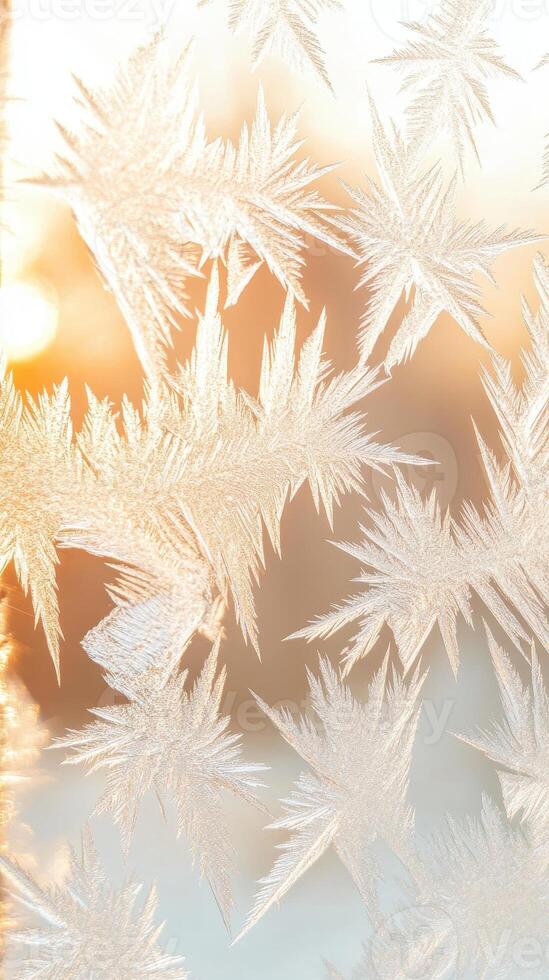 Winter frost patterns cover glass surface. Sunlight glow behind icy designs. Delicate, intricate ice crystals form unique, natural artwork. Cold season texture for backgrounds. photo