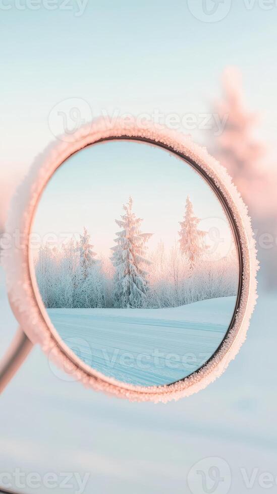 Snow covered trees reflection within circular mirror. Winter scene. Ice crystals form along the mirror edge. Cold icy field. Blue sky and pink light. photo
