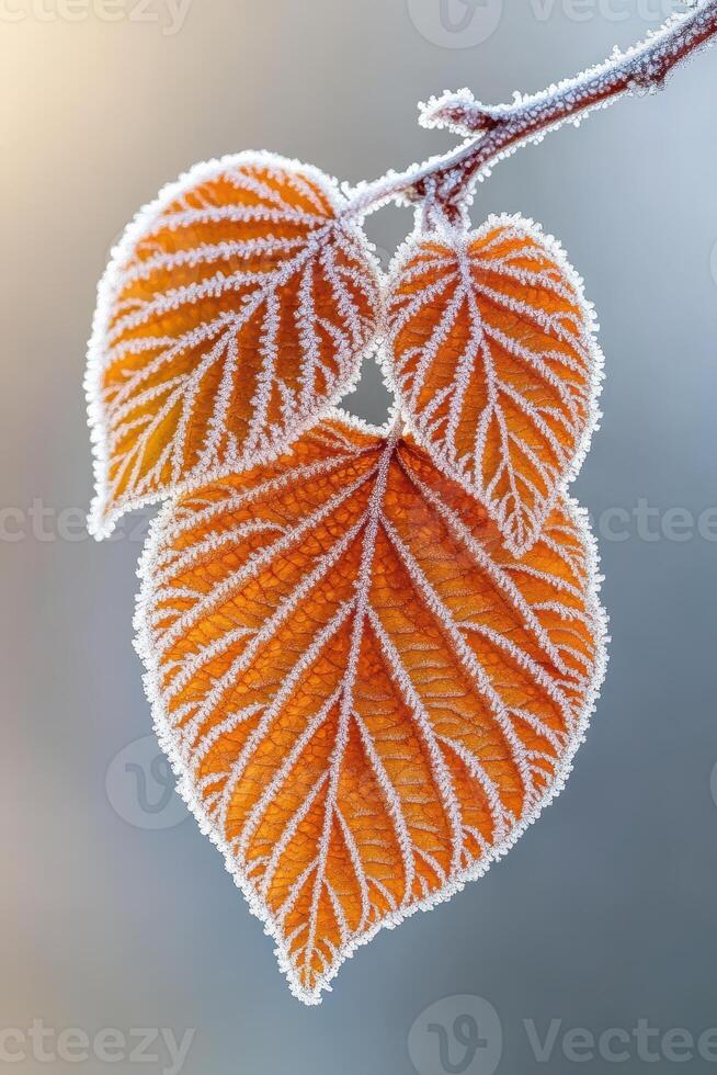 Close up leaves with frost on branch. Winter nature beauty. Orange leaves with ice crystals. Frozen leaf texture. Cold season scenery. photo