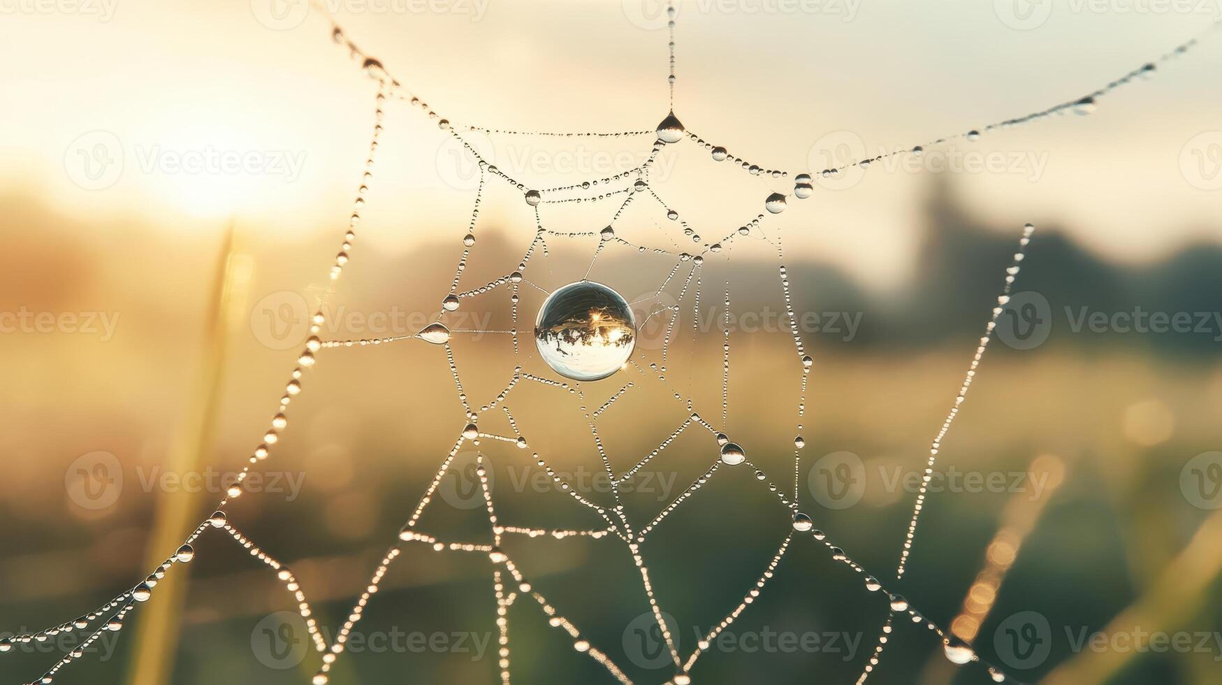 Delicate spiderweb hangs with water droplets. Dawn sunlight shines on the field behind. Dew clings to the web threads in morning light. photo