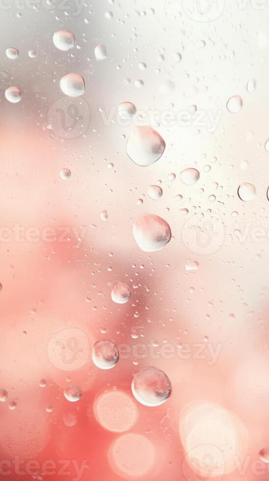 Clear water drops cling to a glass surface, soft pink light shines through the bokeh shapes in background. photo