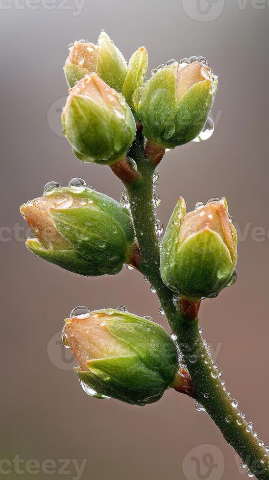 Green plant buds on branch. Droplets of water cling to the buds. Brown background. Close up view of nature. photo