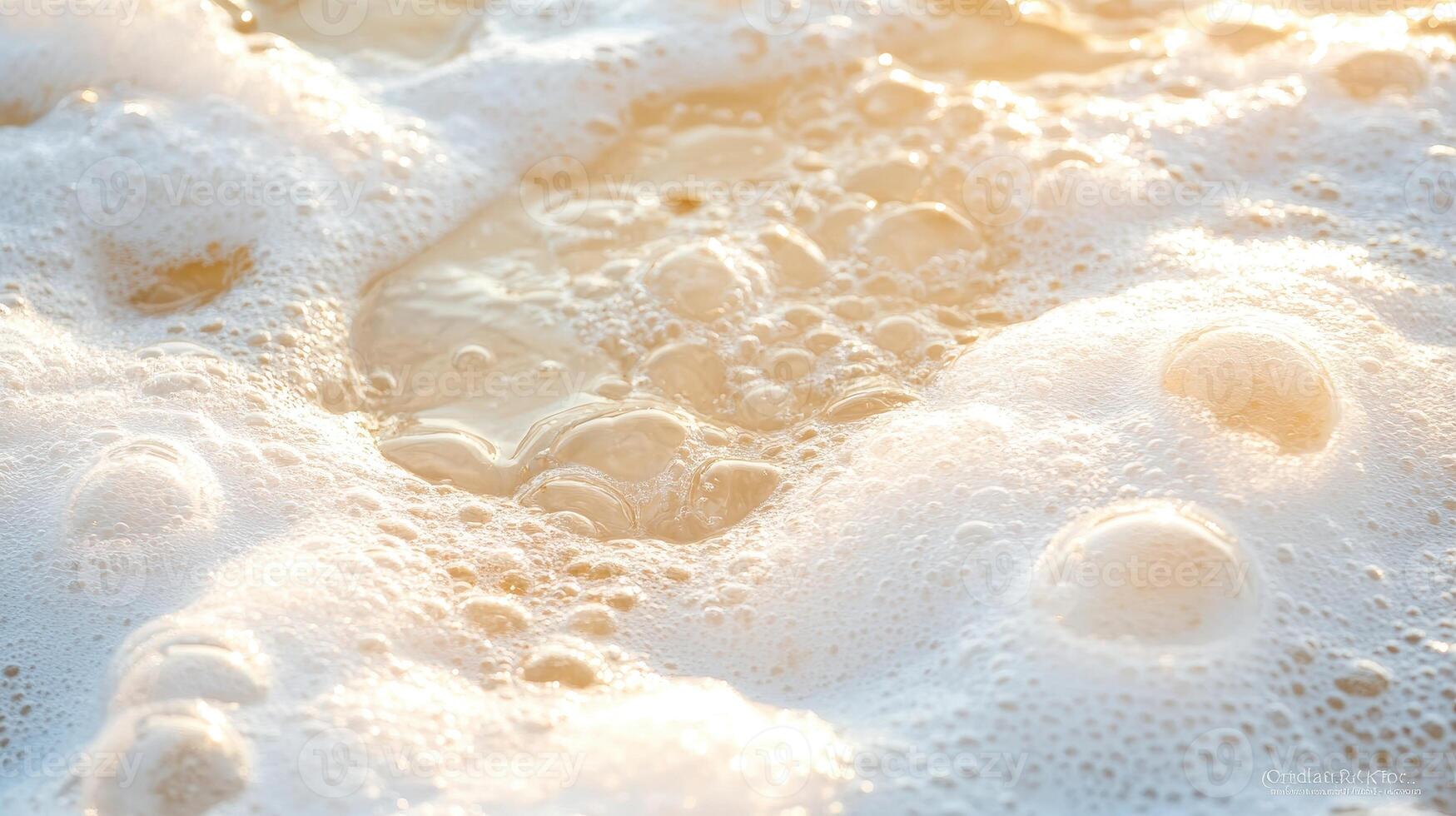 Ocean waves washing gently on sand with bright sunlight creates bubbles and light colored surface at beach during the day photo
