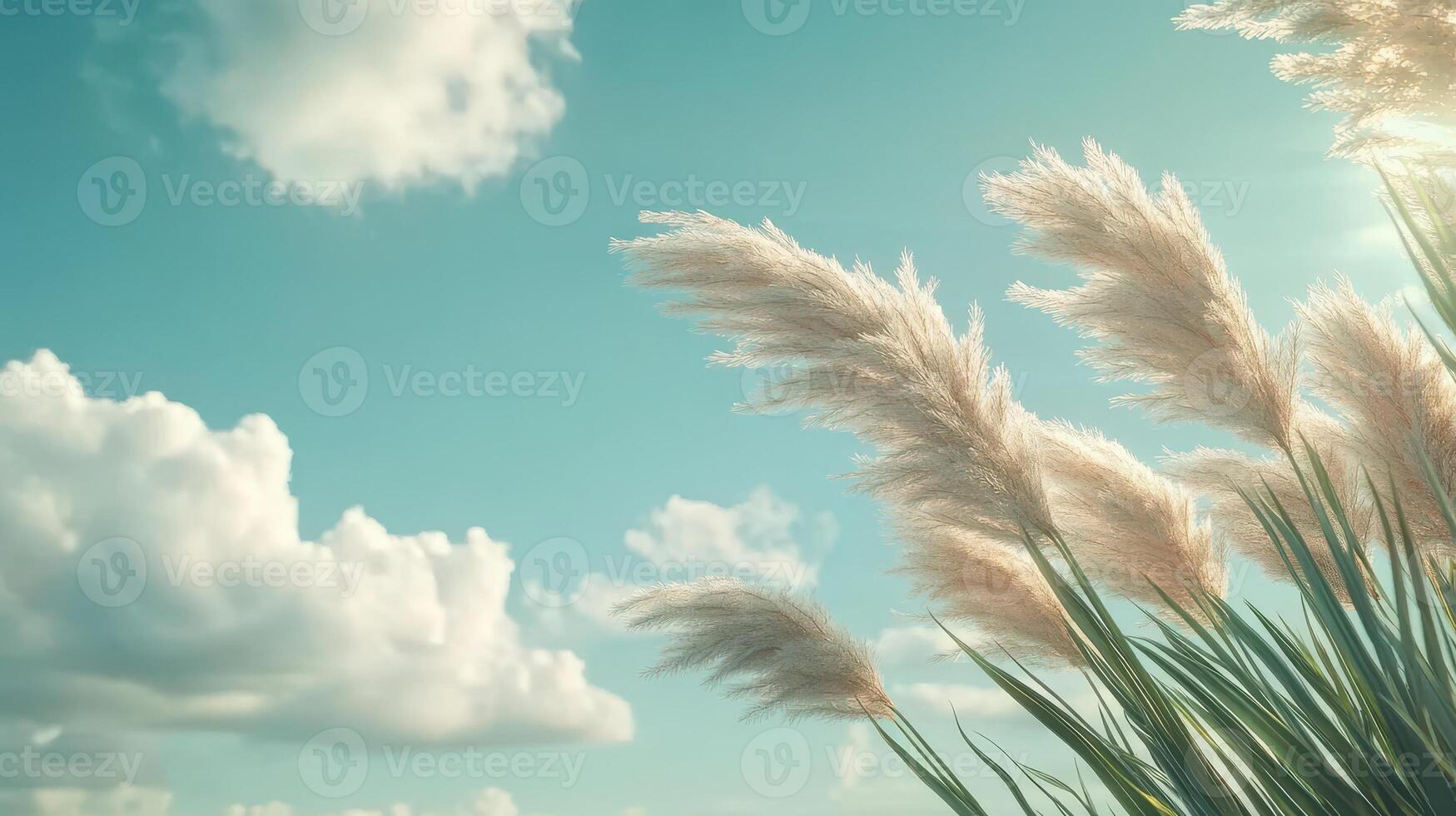 Tall grass sways gently against blue sky. White fluffy clouds float above in soft sunlight. Natural scene creates tranquil atmosphere on breezy day. photo