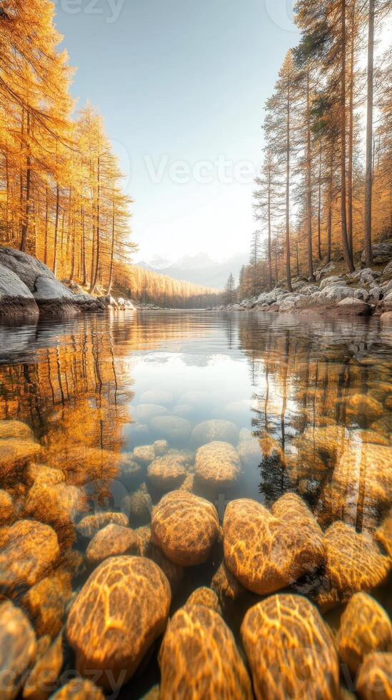 Autumn trees reflect in clear water over rocks. A mountain range is visible in the distance through a wooded river valley. photo