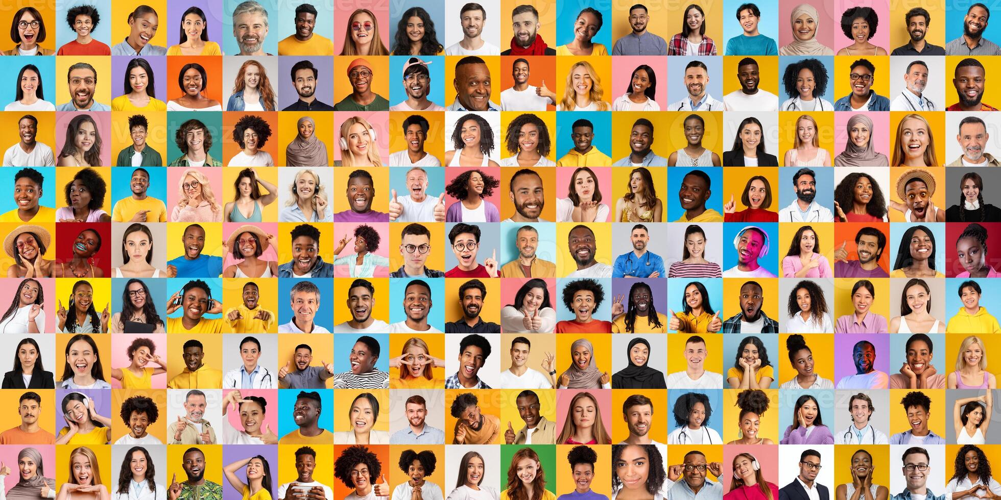 A vibrant collage showcases numerous portraits of individuals from different backgrounds, highlighting unity in diversity. Each face reflects unique stories and experiences. photo