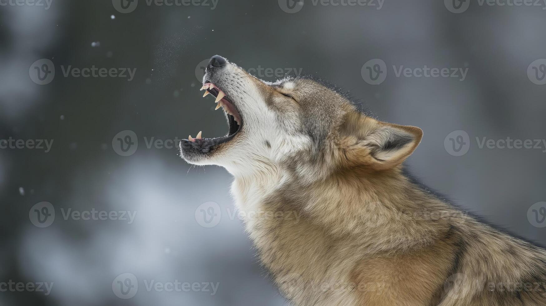 A wolf howls loudly, showcasing its powerful presence in a snowy landscape. photo
