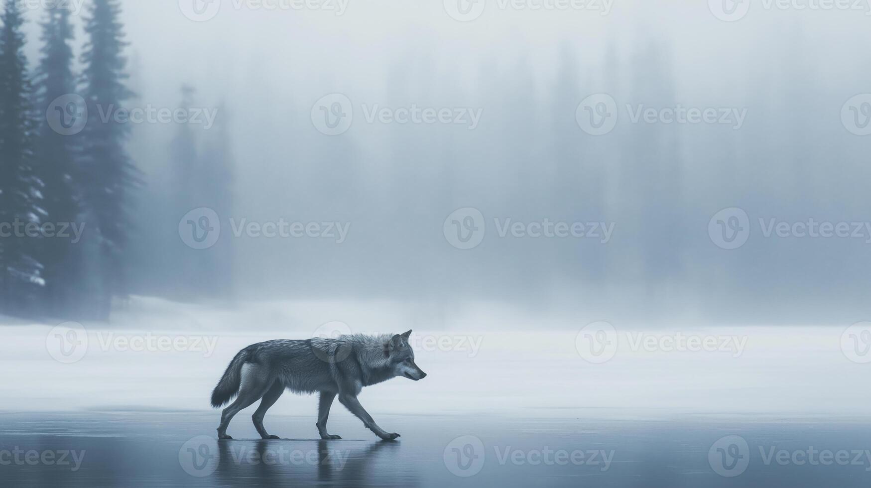 A solitary wolf traverses the icy surface of a lake surrounded by tall, mist-covered trees. photo