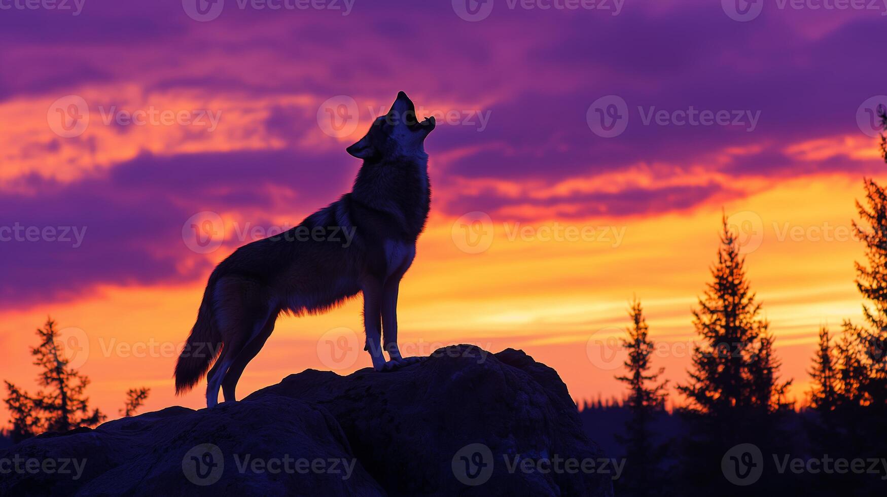 A wolf stands atop a rock, howling as the sun sets, creating a beautiful purple and orange sky. photo