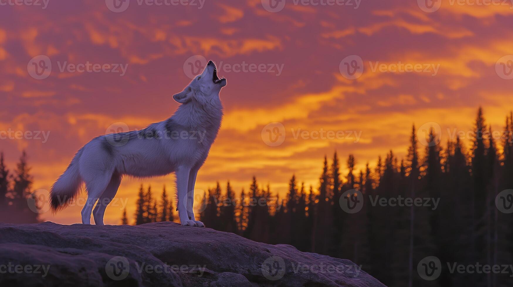 A lone wolf stands on a rock, howling under a colorful sunset sky with trees in the background. photo