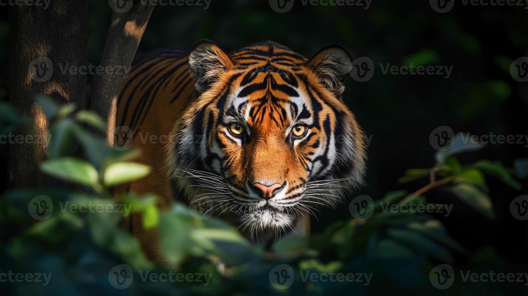 A striking tiger emerges from dense foliage, showcasing its vibrant stripes in low light. photo