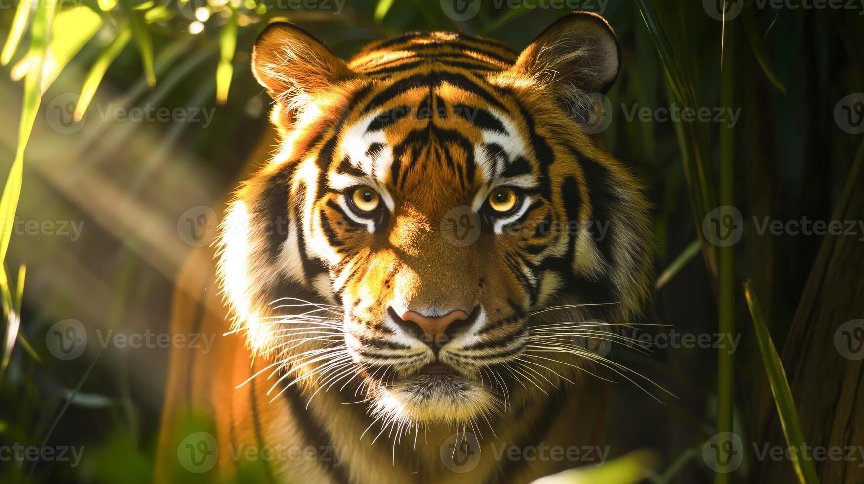 A tiger glances through thick foliage, its vivid fur and sharp eyes illuminated by sunlight. photo