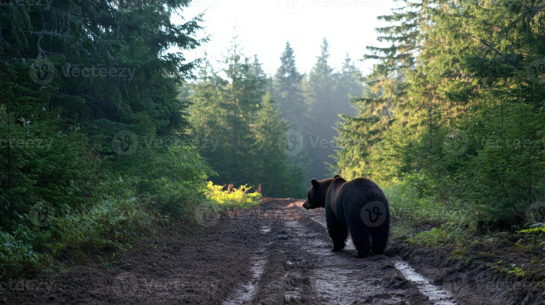 A grizzly bear wanders along a muddy trail surrounded by lush green trees in the morning light. photo