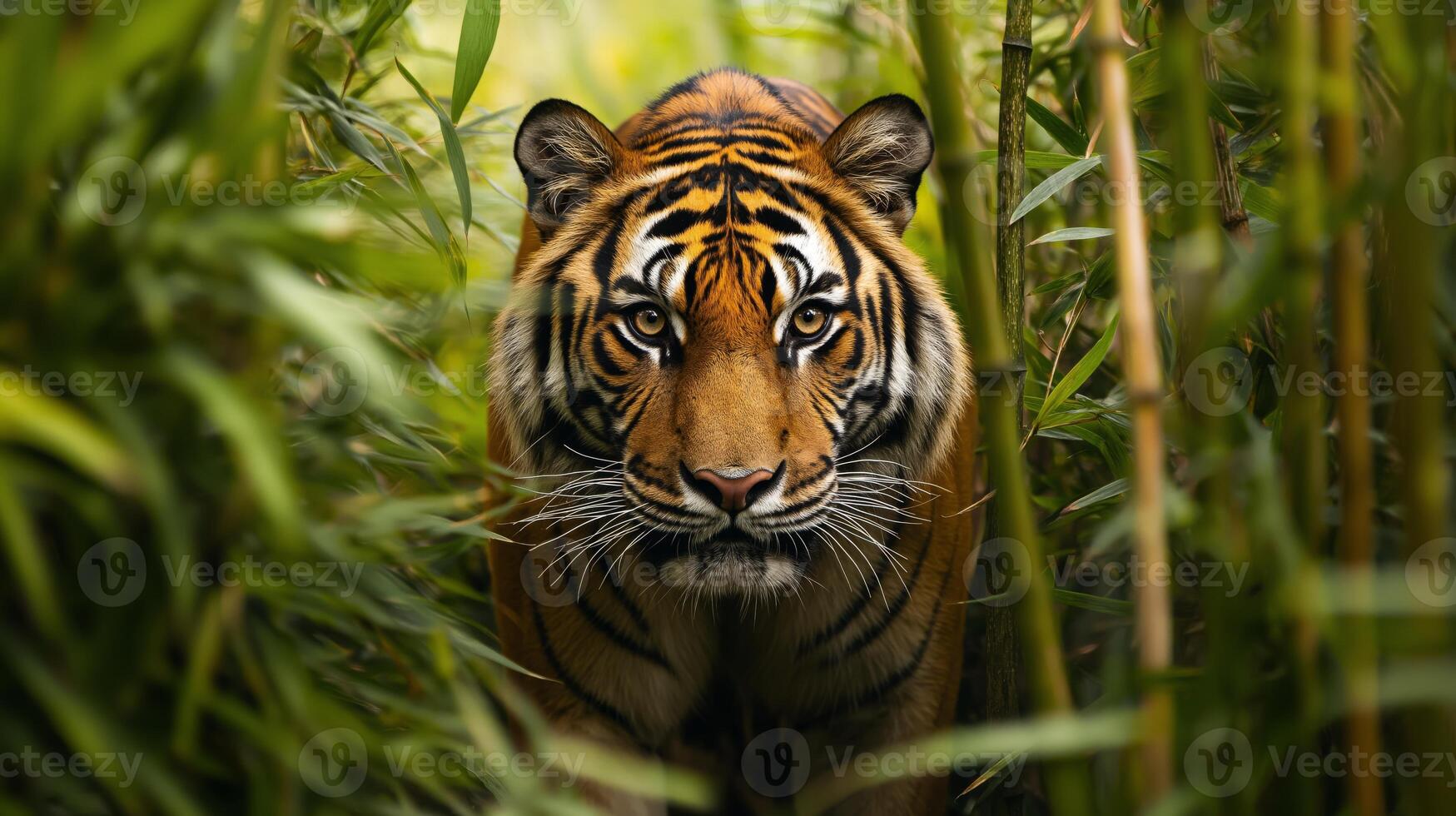 A fierce tiger stealthily moves through tall grass, blending in the morning light. photo