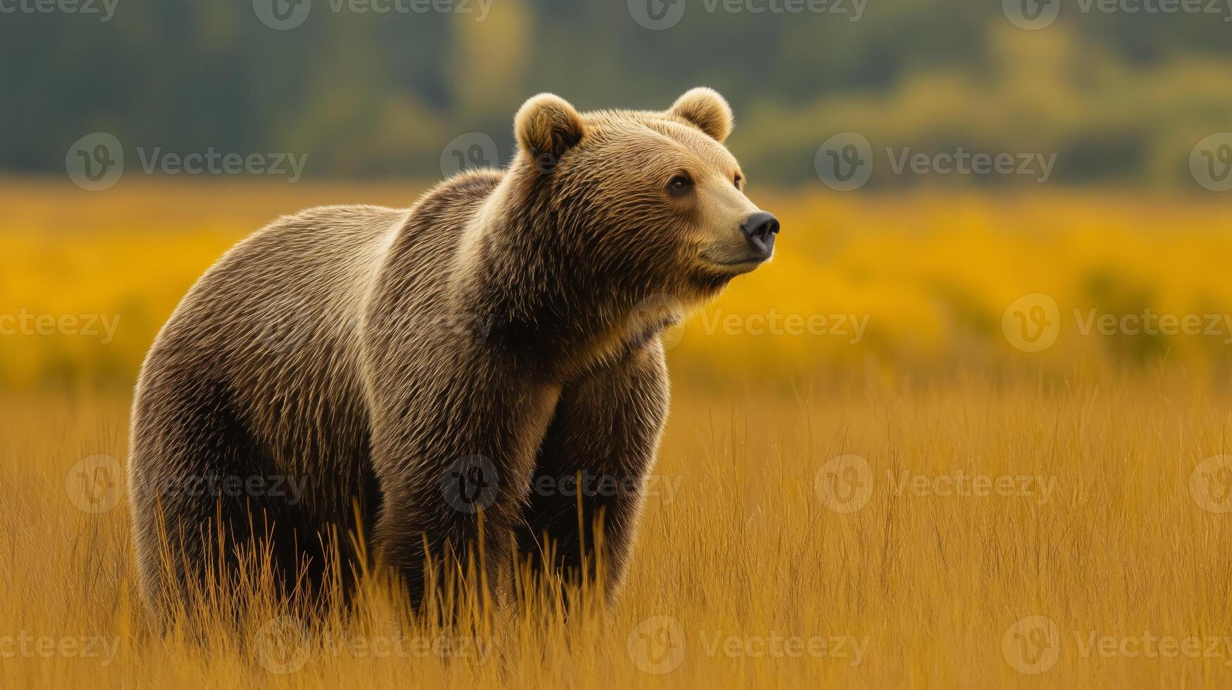 A grizzly bear stands among tall golden grasses in a tranquil setting under a clear sky. photo