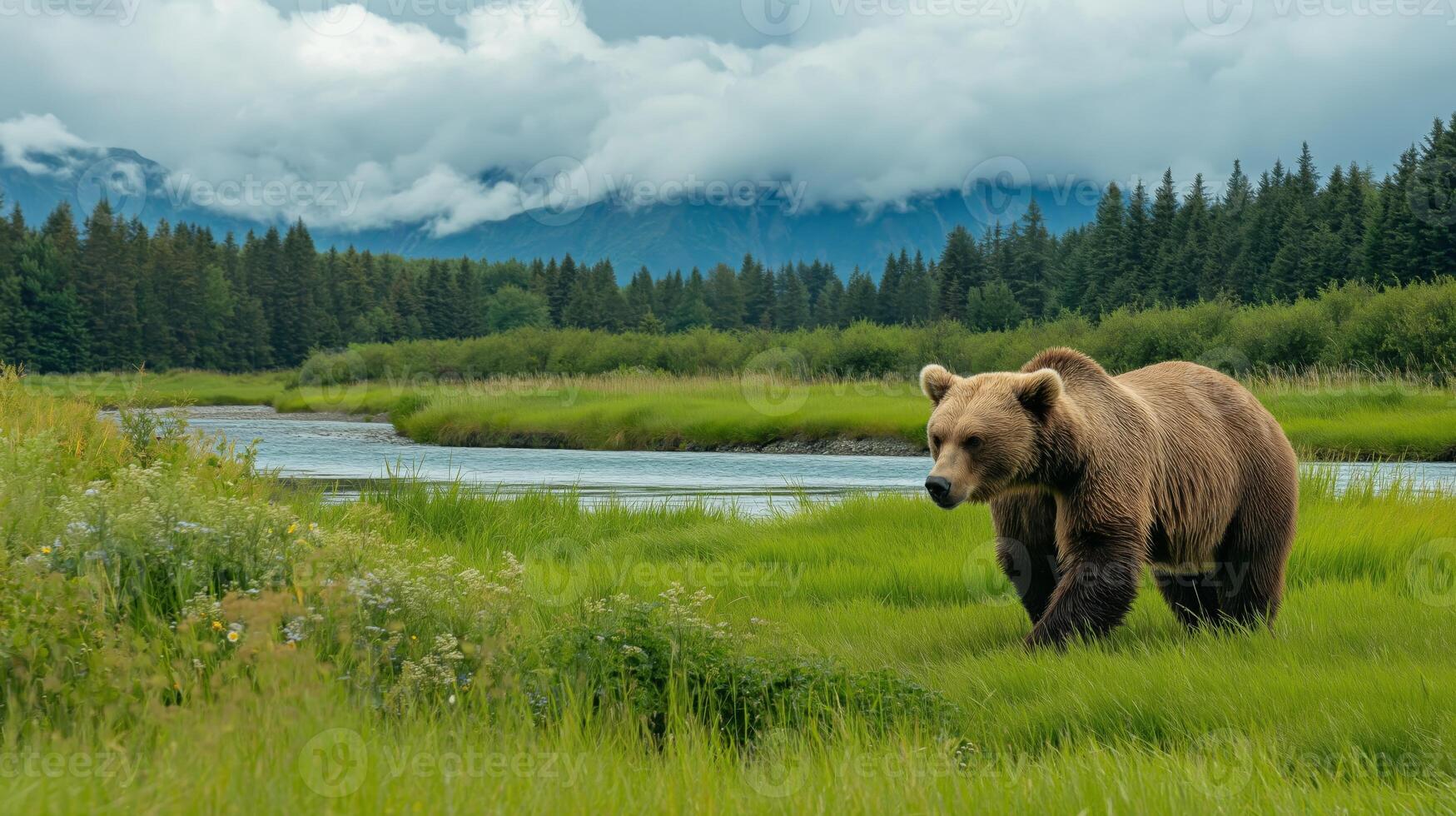 A grizzly bear strolls through vibrant green grass by a river, surrounded by forest and clouds. photo