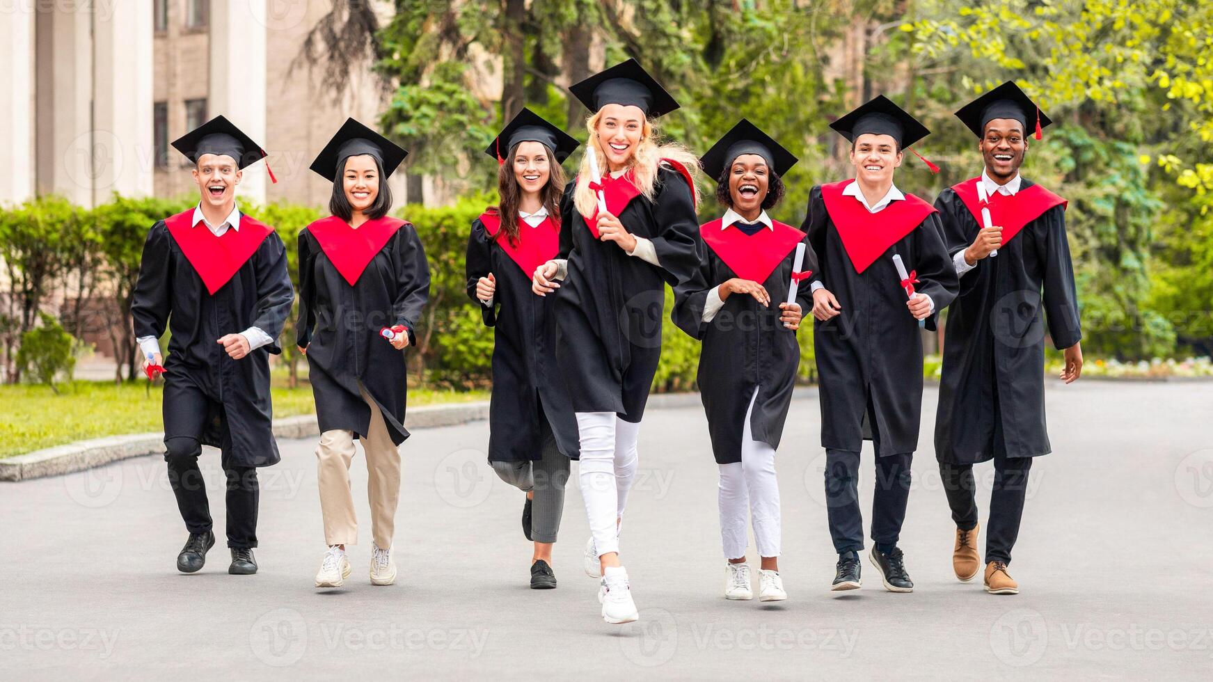 Cheerful multiracial students guys and young ladies in graduation costumes walking by university campus, holding diplomas and smiling, panorama. College, university graduation, education concept photo