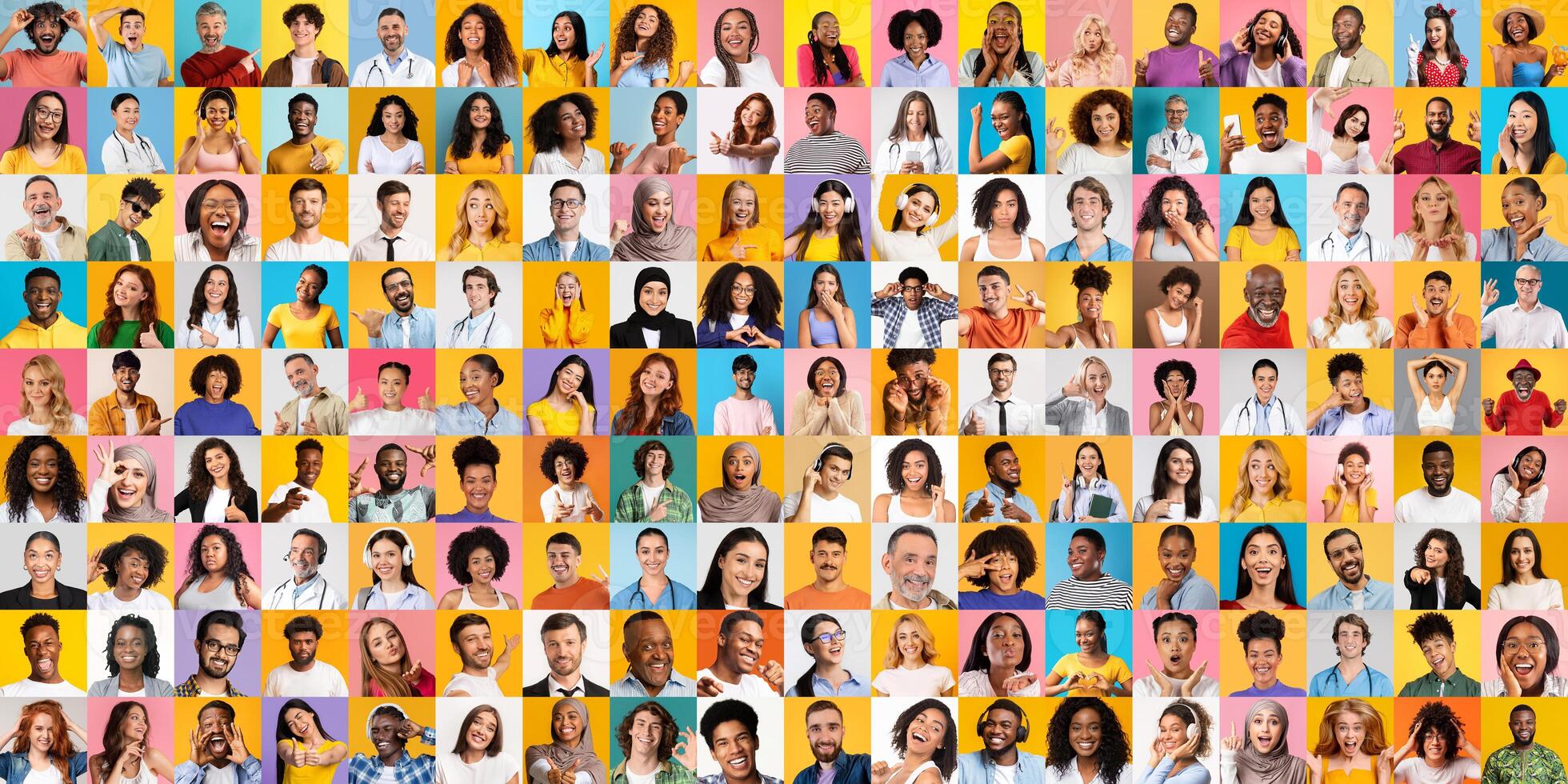 A vibrant collection of portraits features people from various backgrounds smiling and expressing diverse emotions. This lifestyle collage celebrates international unity and individuality. photo