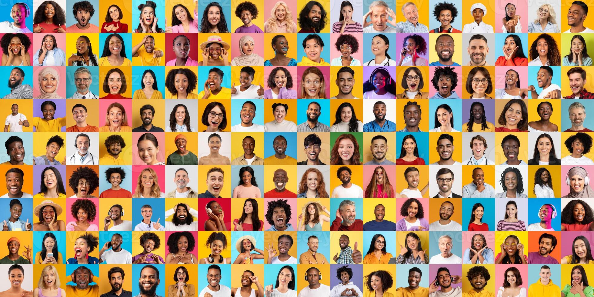 A collage displays a multitude of faces representing various backgrounds, showcasing joy and uniqueness in lifestyle. The vibrant colors emphasize the celebration of diversity in portraits. photo