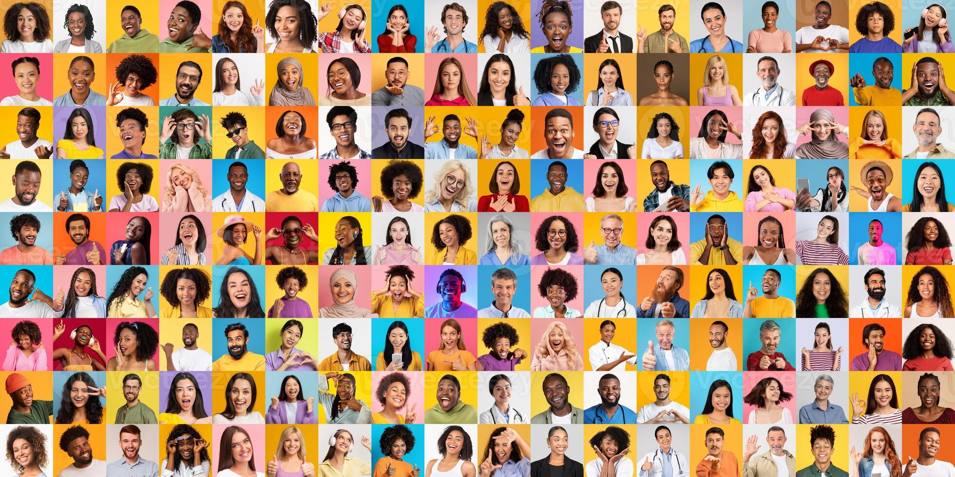 This collection presents a vibrant array of faces showcasing the beauty of diversity. Individuals from various backgrounds share joyful expressions in a cheerful and colorful setting. photo