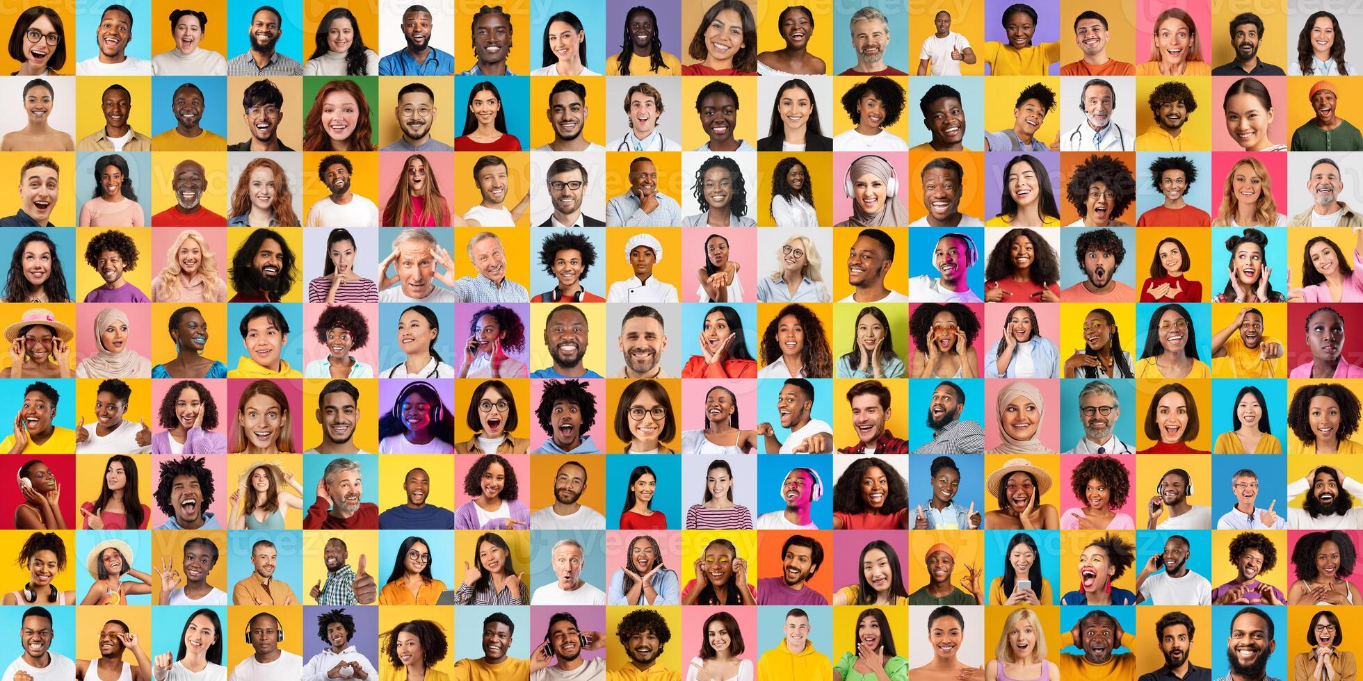 This vibrant portrait collection showcases diverse individuals, expressing a range of emotions and experiences that highlight lifestyles and connections. photo